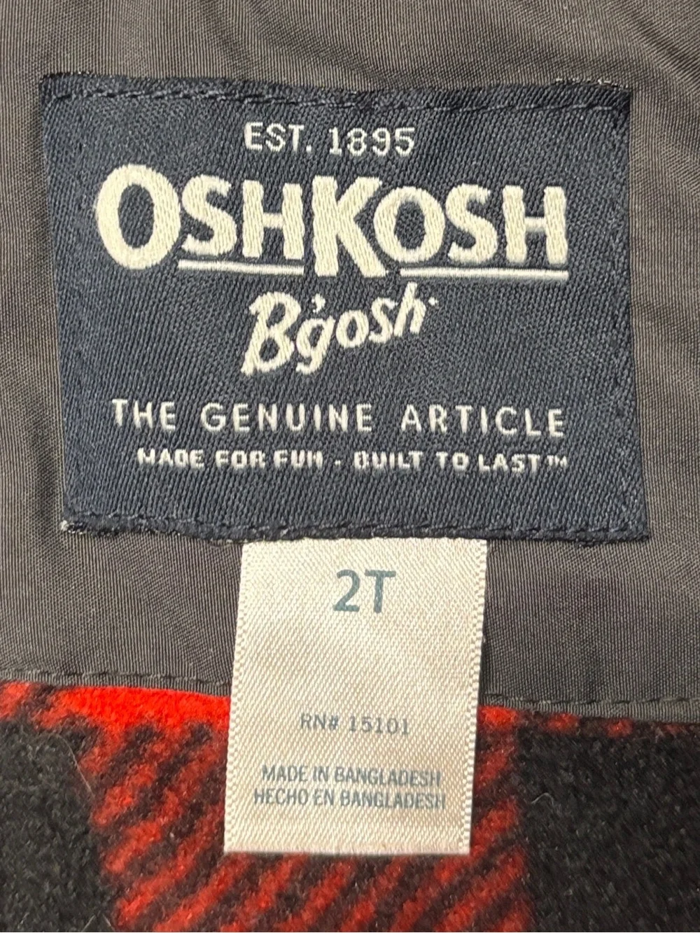 OshKosh B’gosh Boys 2T Gray Puffer Jacket Red Buffalo Plaid Fleece Lined Hooded